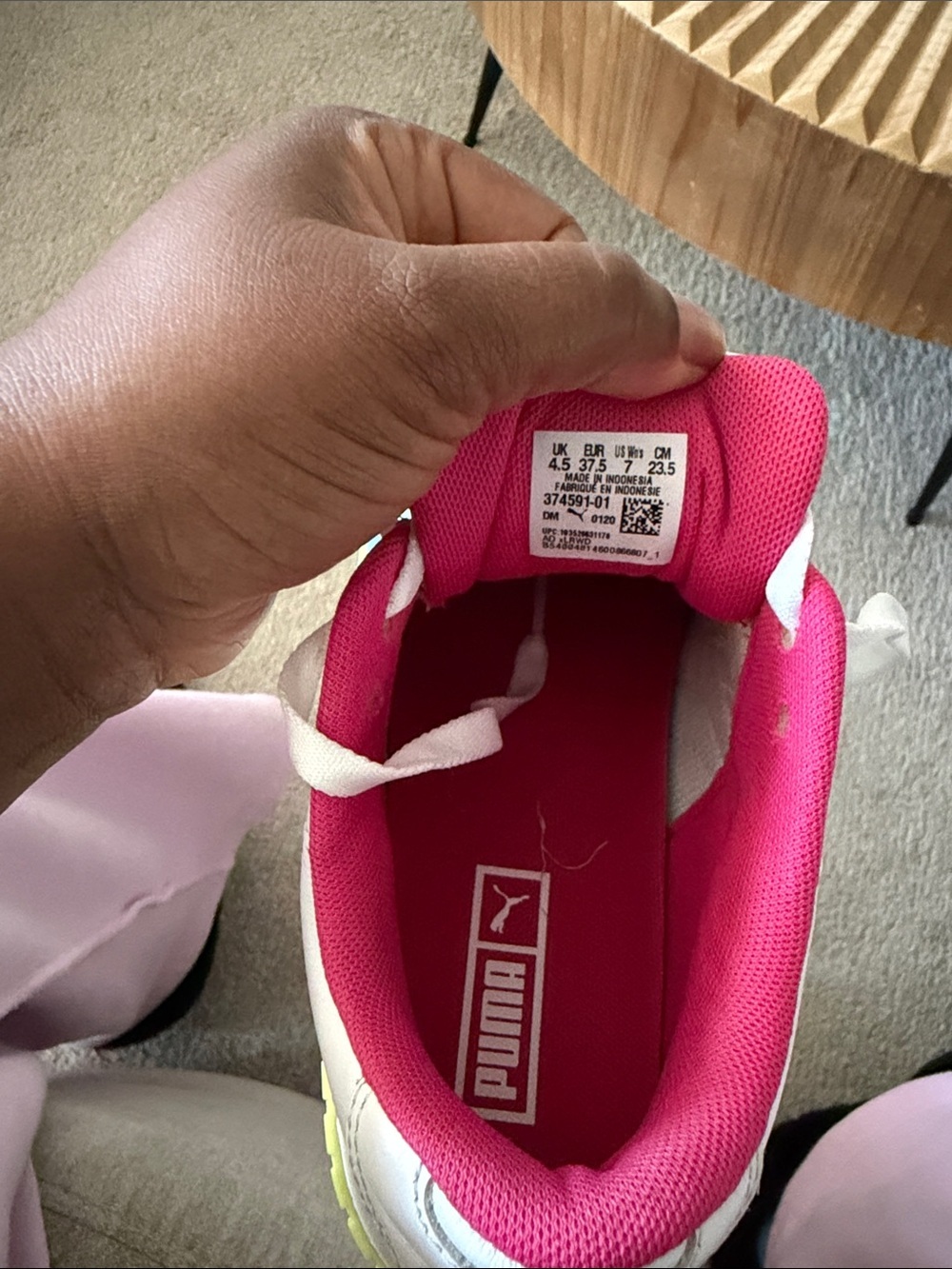 Puma White Sneakers with Neon Yellow Soles and Pink Lining - Picture 8 of 8